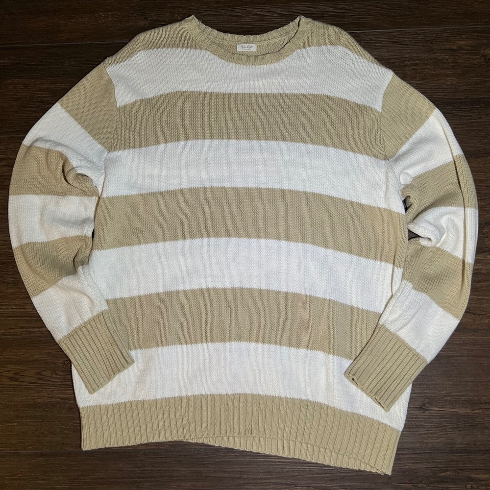 John Galt Costal Grandma 100% Cotton Striped Tan White Knit Fisherman Sweater OS